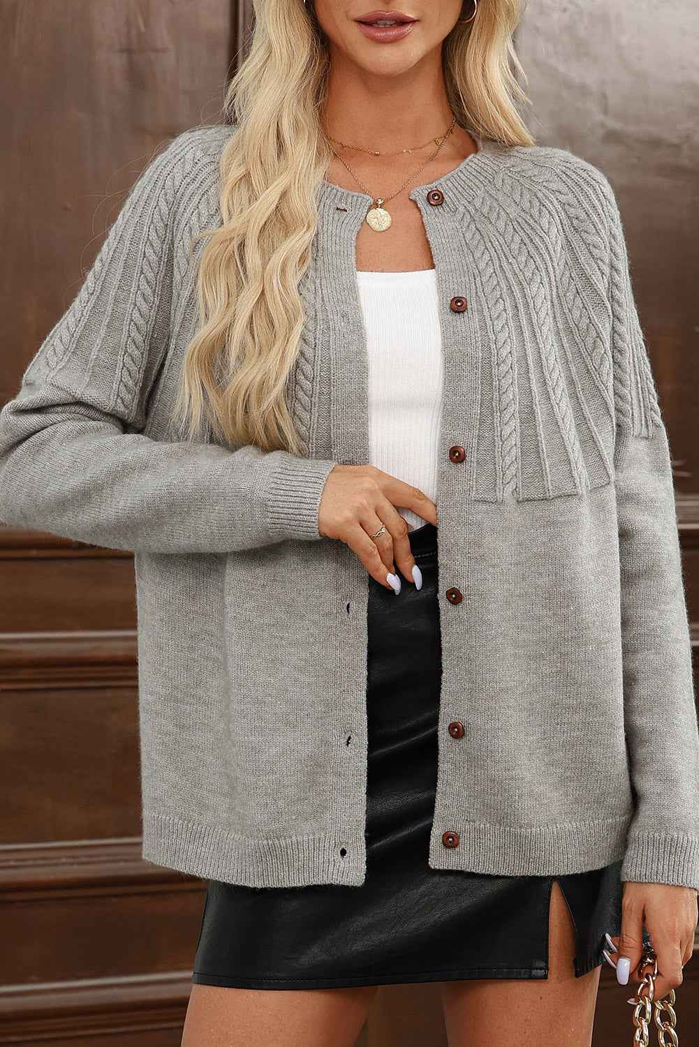 Black Solid Color Textured Detail Button Down Long Sleeve Sweater Cardigan a68fbfce87cf54ab