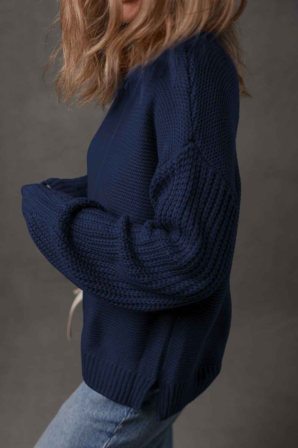 Dirty blue Solid Color Front Seam Drop Shoulder Loose Sweater a692079b810a9323
