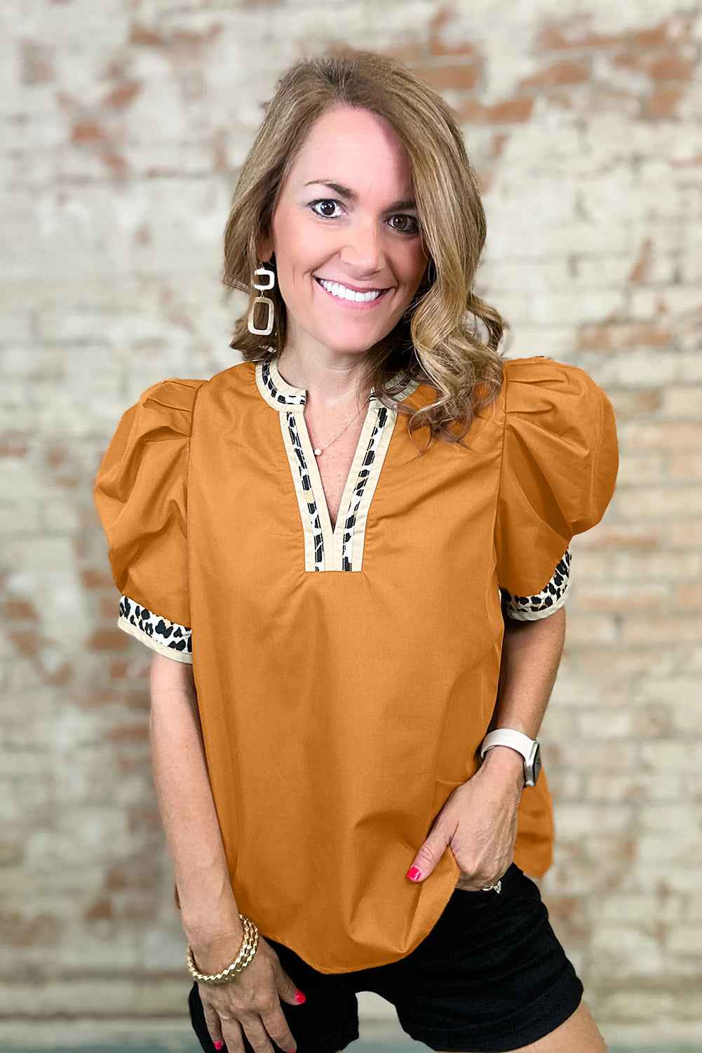 Buckskin Contrast Leopard Trim Split Neck Puff Sleeve Blouse a69c8583f7b90a2c
