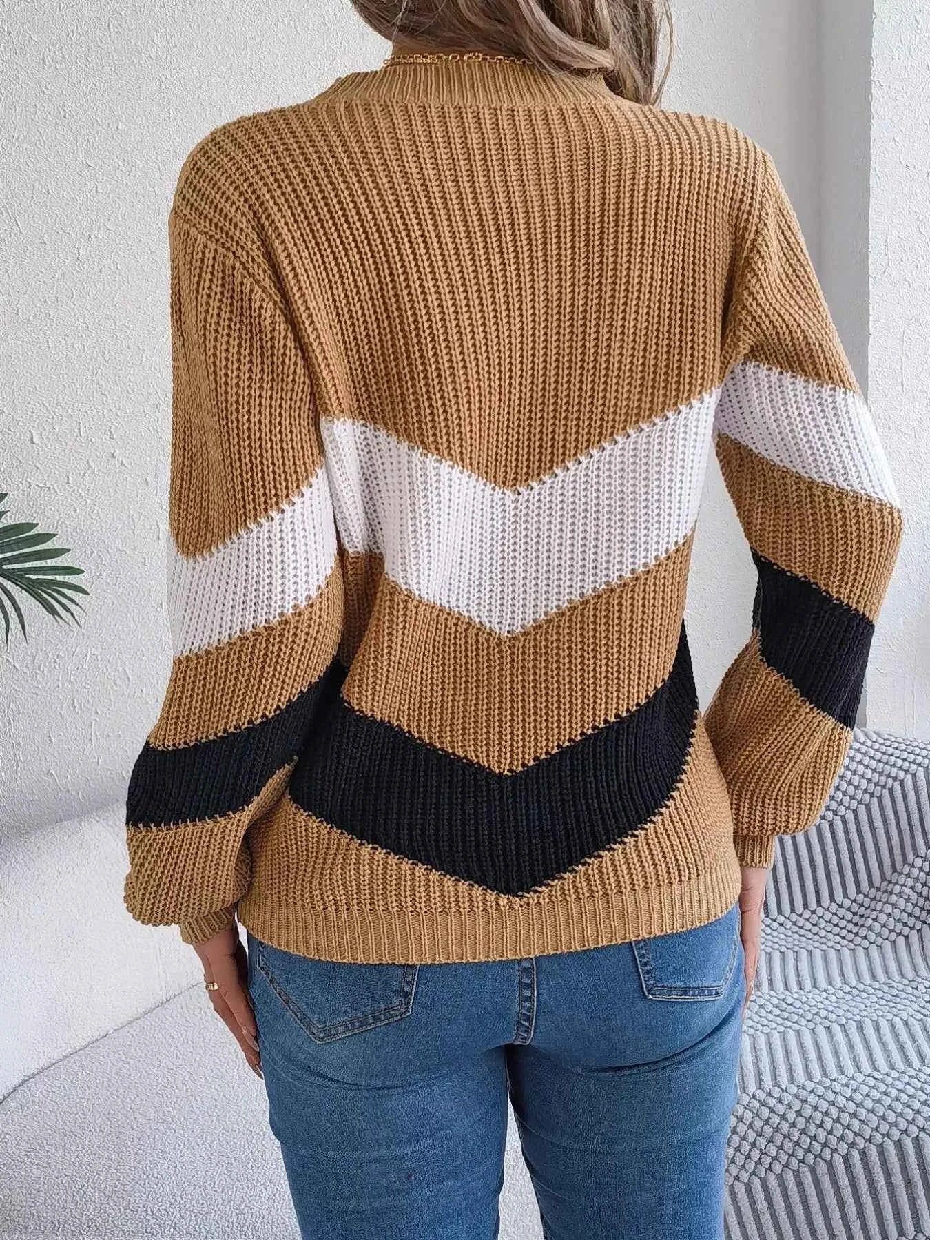 Chevron Stripe Color Block Round Neck Sweater a6a24133-82d4-4a33-b11f-b0e7b4e61b48-Max-Origin