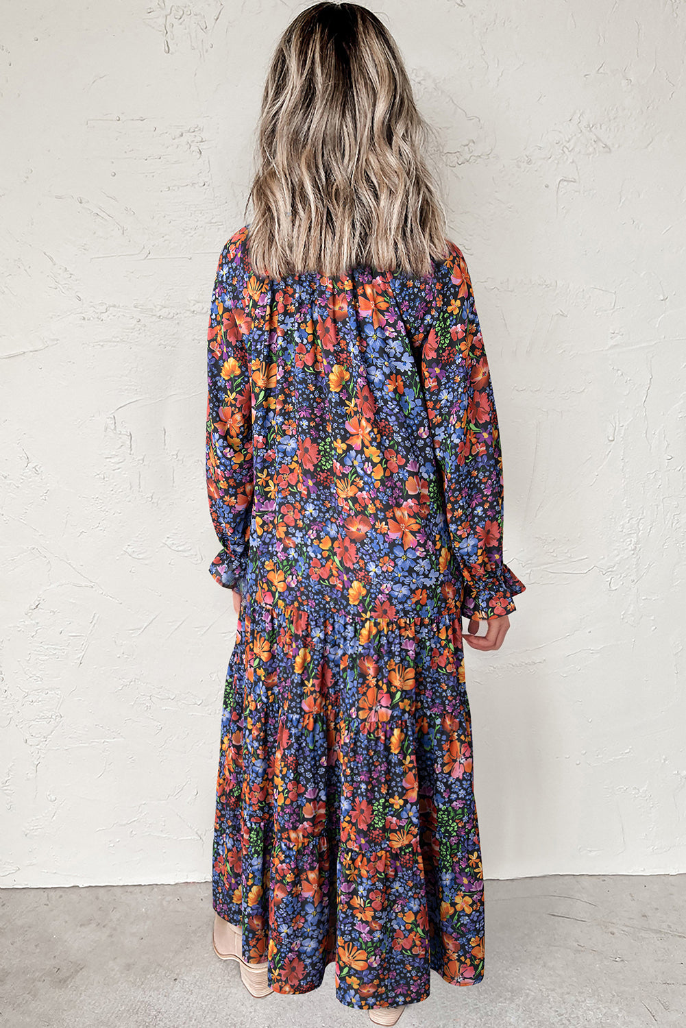 Blue Floral Print V Neck Long Sleeve Flowy Maxi Dress a6a6494a400c614f