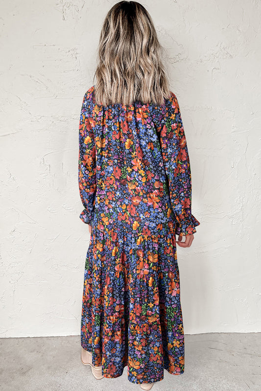 Blue Floral Print V Neck Long Sleeve Flowy Maxi Dress a6a6494a400c614f