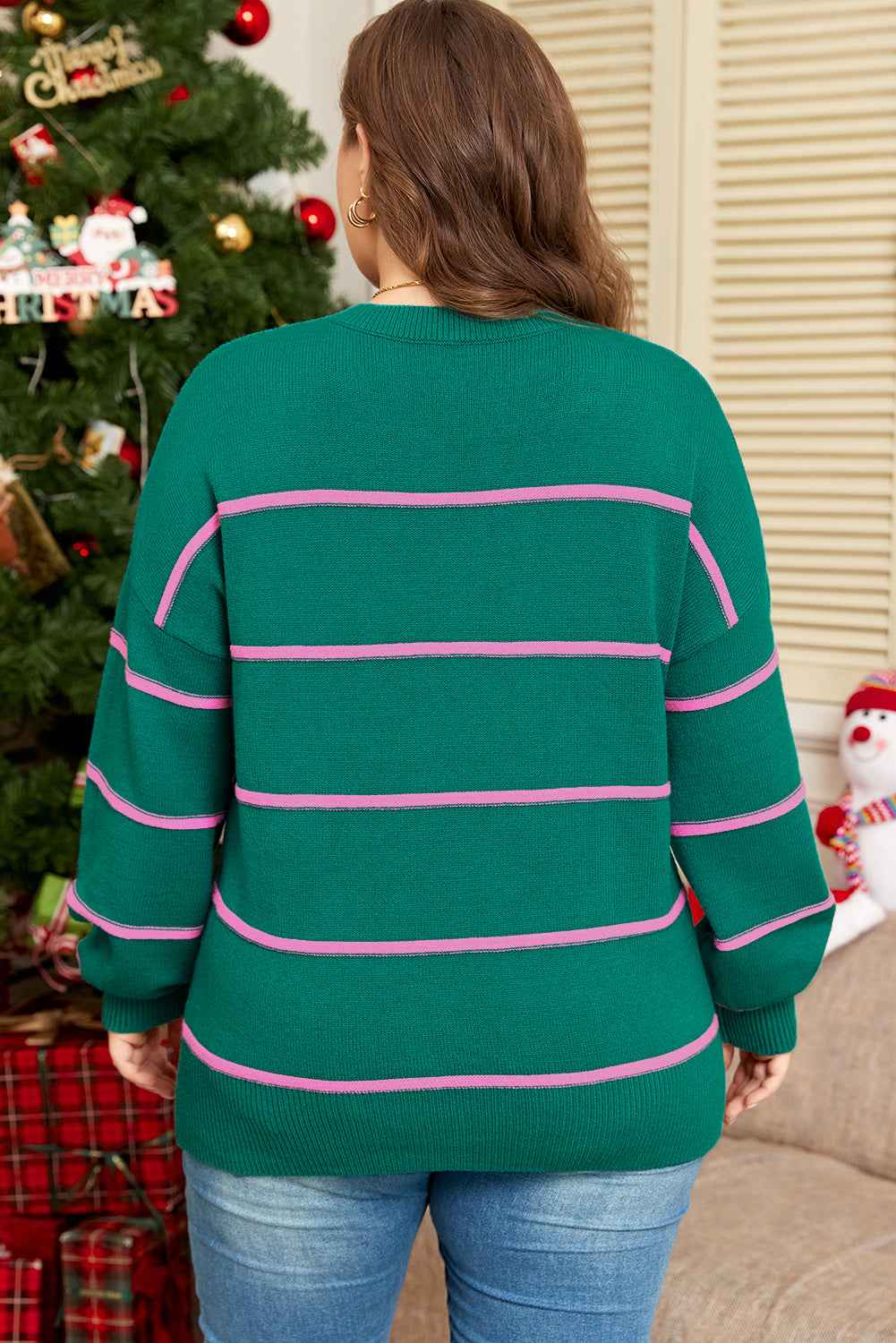 Green Stripe Half Buttons Drop Shoulder Plus Size Sweater a6a6a990b0a2cd4f