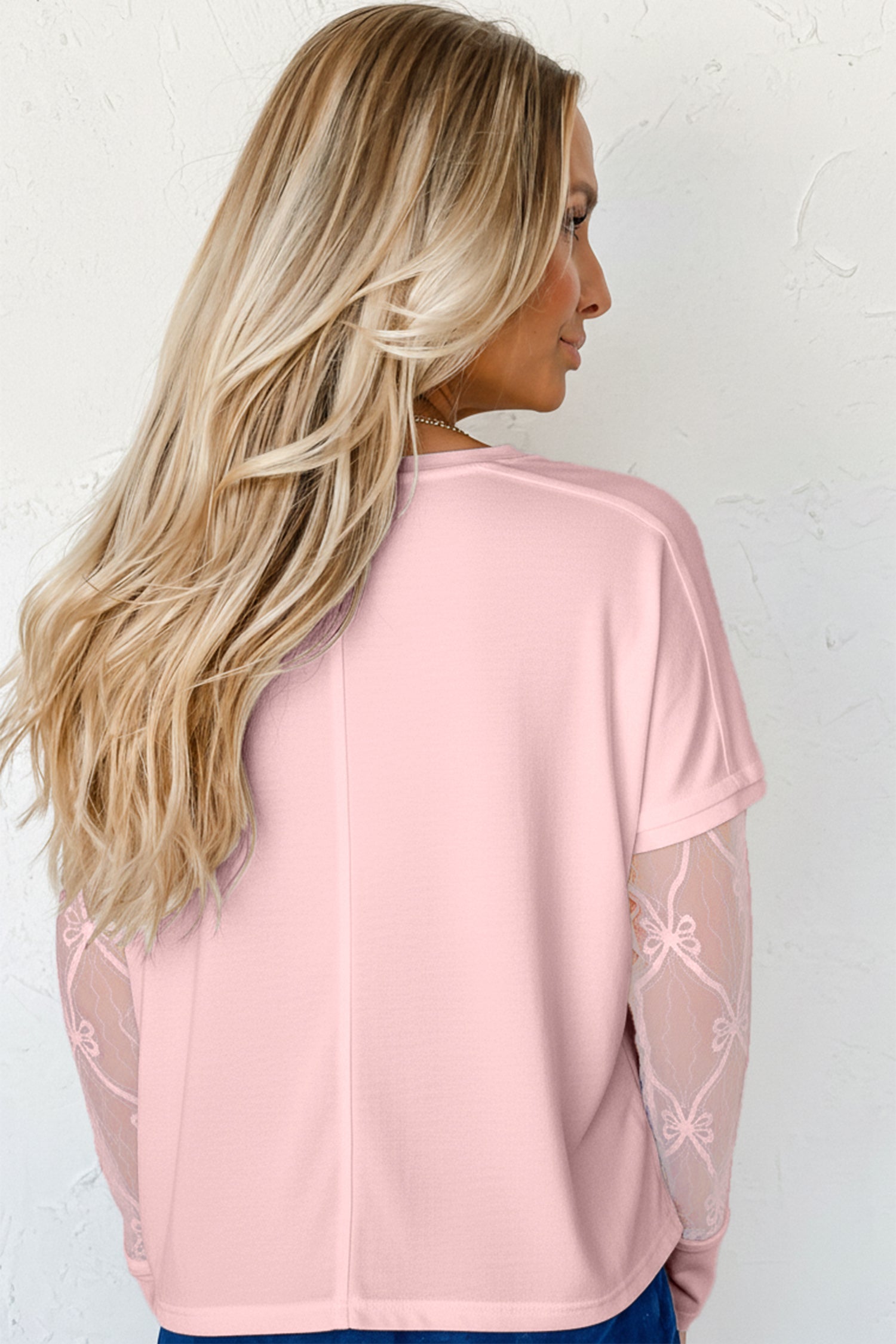 Light Pink Solid Color Bow Textured Patchwork Long Sleeve Tee a6a6bf916e121164