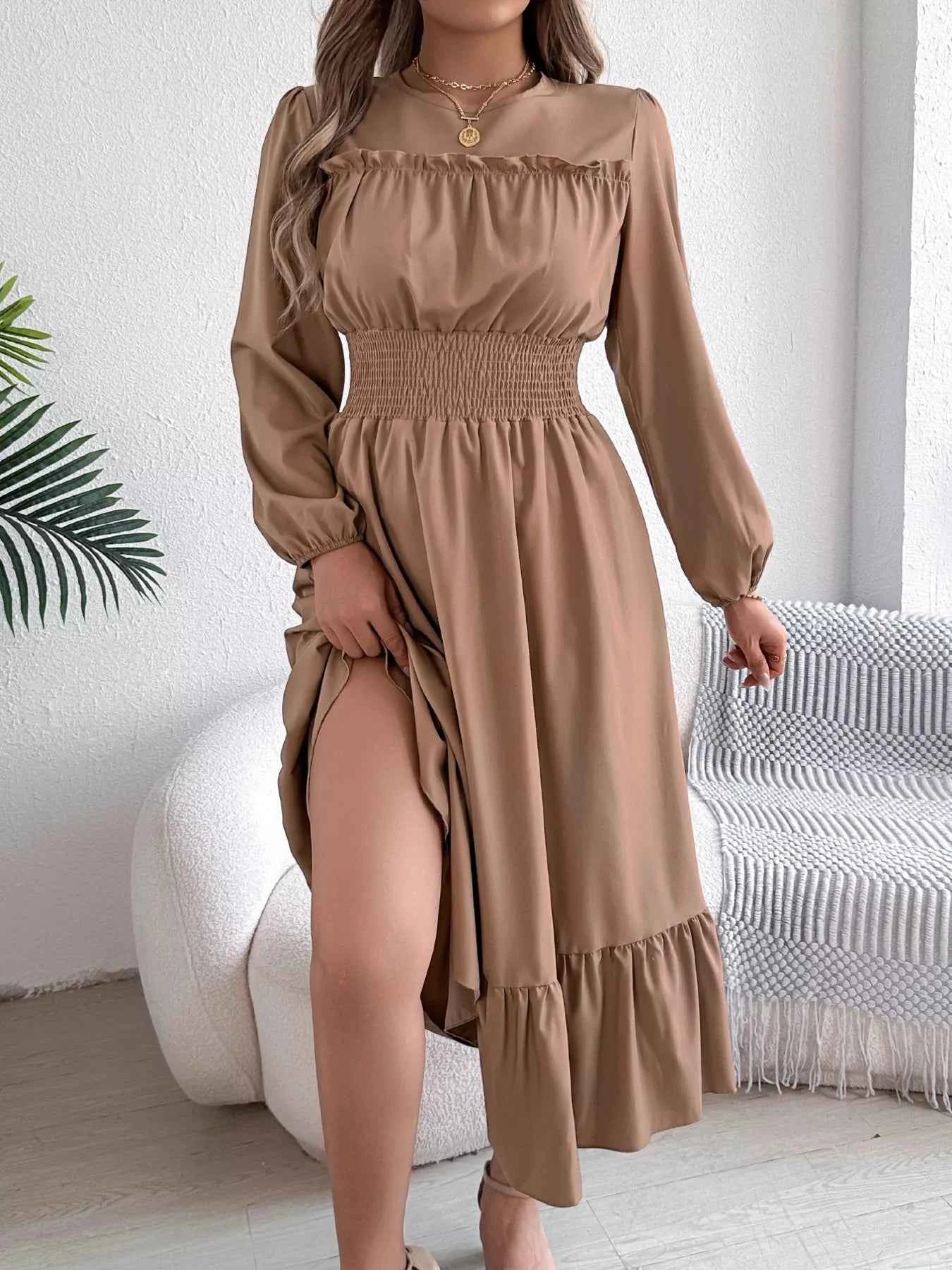Round Neck Balloon Sleeve Tiered Dress a6afebcae9934a44b7f5b3843d945435-Max-Origin