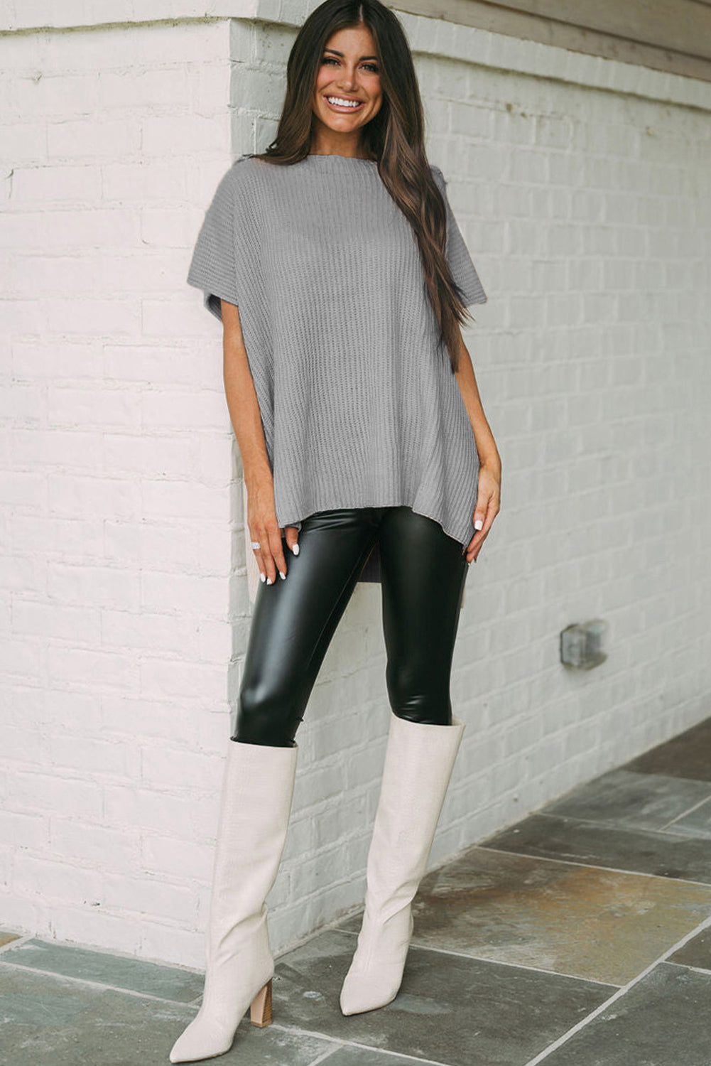 Rose Red Side Slit Short Sleeve Oversized Sweater a6b0c5467ca8b1c5