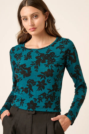 Flower Print Long Sleeve Knit Top Teal a6b10d5c-e8fe-4bfc-a857-90336d22281e-Max