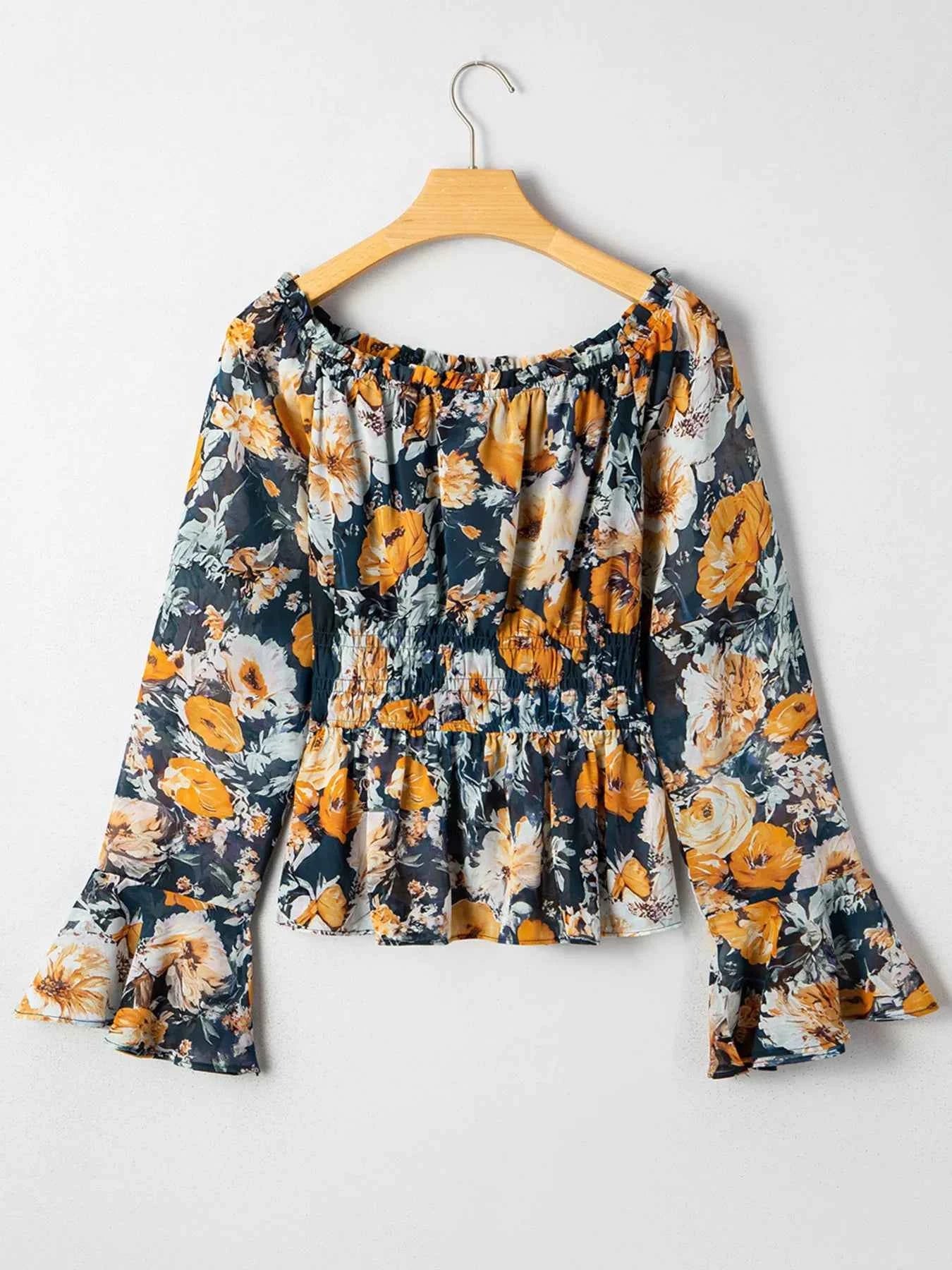 Floral Off Shoulder Bell Sleeve Smocked Peplum Top a6b3f897e31b4654b7e76923b0feef32-Max-Origin