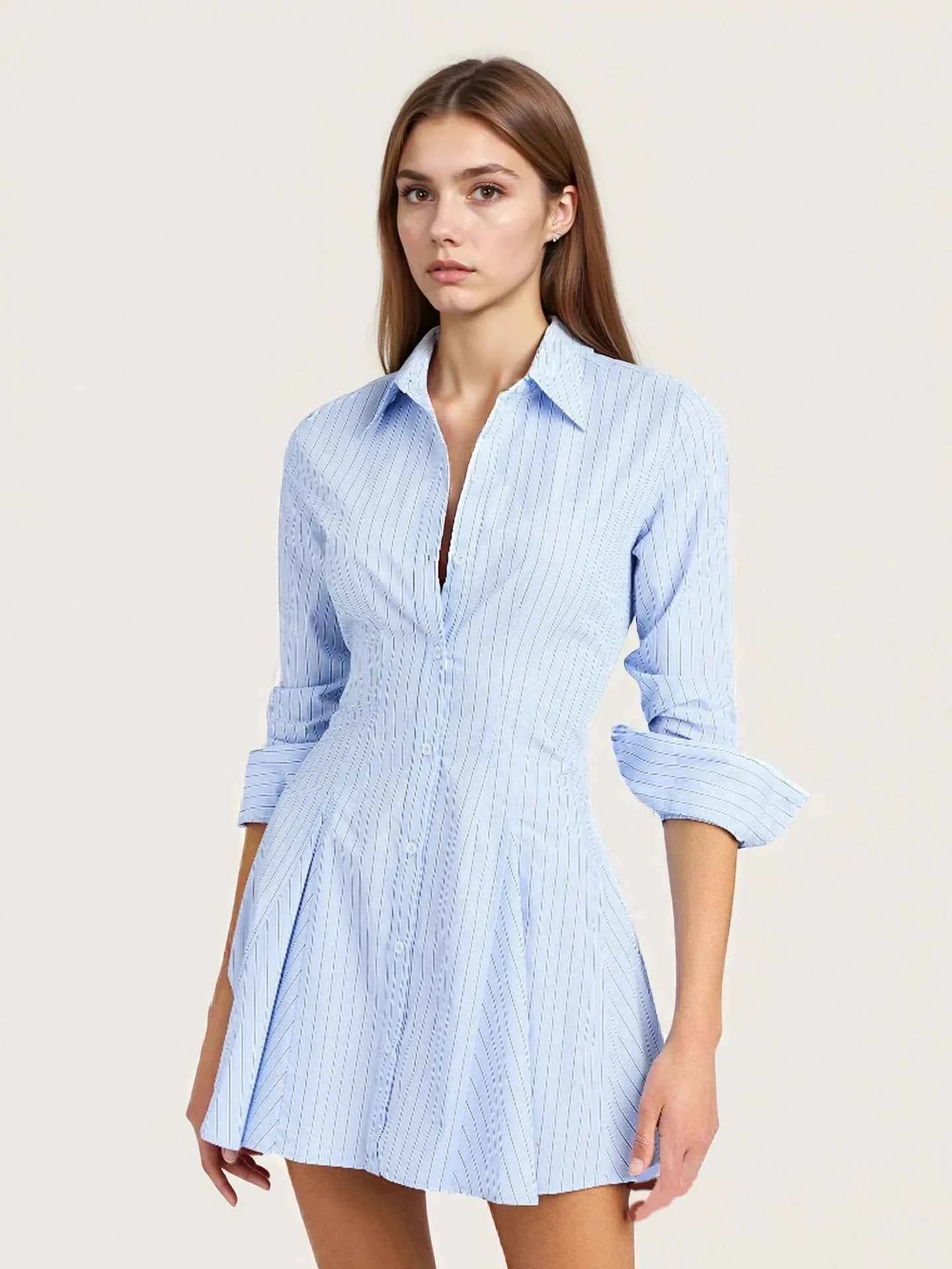 Striped Button Up Shirt Dress Light Blue a6ba8270d1ef4d6e92feeac85ab07019-Max-Origin