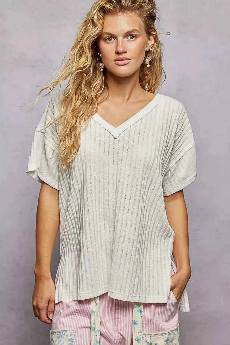 POL Ribbed Knit V-Neck Short Sleeve T-Shirt with Side Slit OFF WHITE a6bf896f-bbe7-4b21-9f03-6ce822666d73-Max-Origin