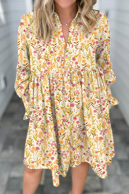 Yellow Floral Print Frilly Trim Smocked Cuff Long Sleeve Loose Shirt Dress Yellow 100%Viscose a6c0674da094abf5