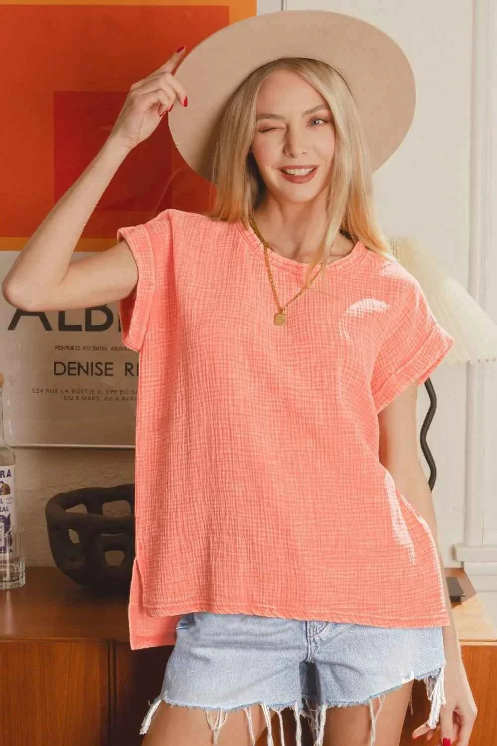 Zenana Woven Double Gauze Acid Washed Short Sleeve Top a6c40572-15bd-4f73-8c5c-6ce6b5fca8ac-Max-Origin