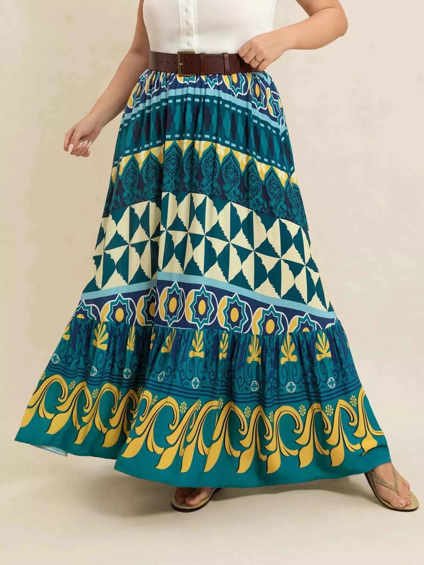 Plus Size Printed Maxi Skirt Teal a6c53c5d-9430-4676-b734-6c3a4546ed53-Max-Origin