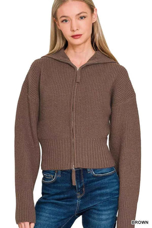 Ribbed Collared Zip Up Sweater Cardigan BROWN a6c9d105ef2b4d8d88887b97a78faf16-Max-Origin