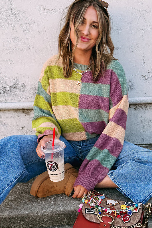 Green Stripe Colorblock Drop Shoulder Ribbed Edge Sweater a6ca4c51893b27ba