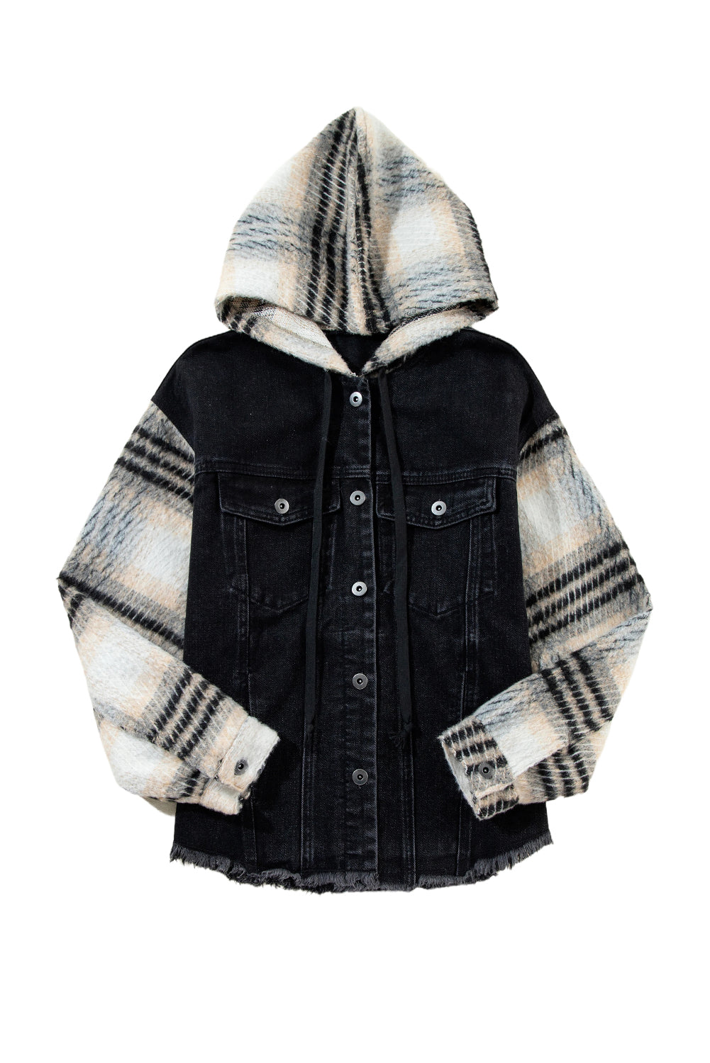 Black Patchwork Plaid Sleeve Frayed Hem Hooded Denim Jacket a6cadf1a579cee99