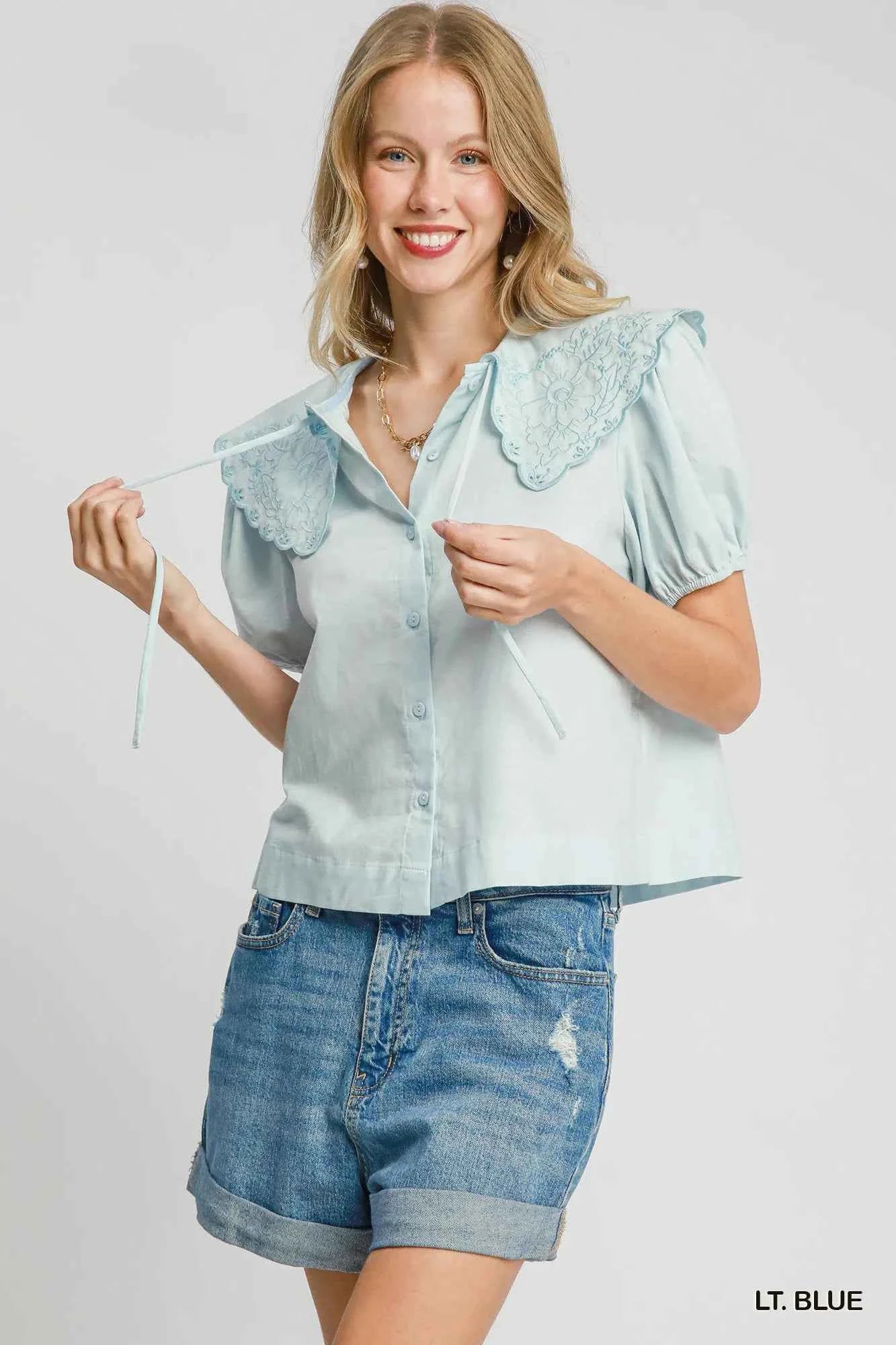 Umgee Tied Collared Short Sleeve Button Down Shirt LT. BLUE a6cc2063-8c76-469f-9152-25eccfb4e4c4-Max-Origin