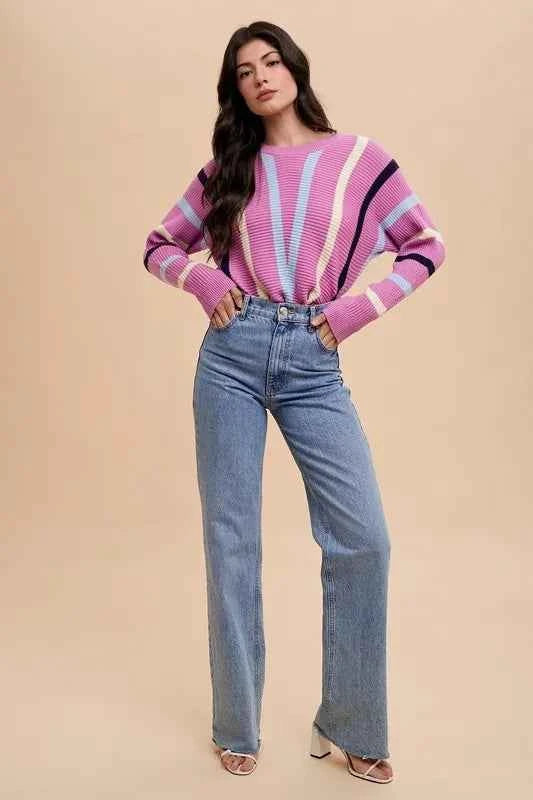 Annie Wear Chevron Stripe Round Neck Ribbed Sweater a6cf550b-6461-48d0-a485-4feef4753edb-Max
