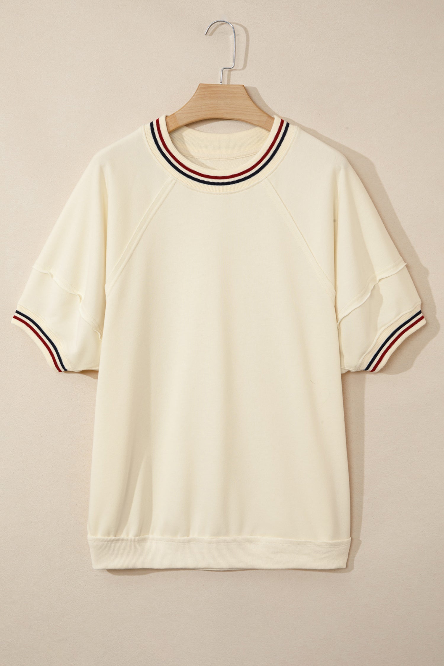 Beige Contrast Varsity Striped Neckline Cuffed Short Sleeve Loose Tunic Top a6d51d537cfc0b67