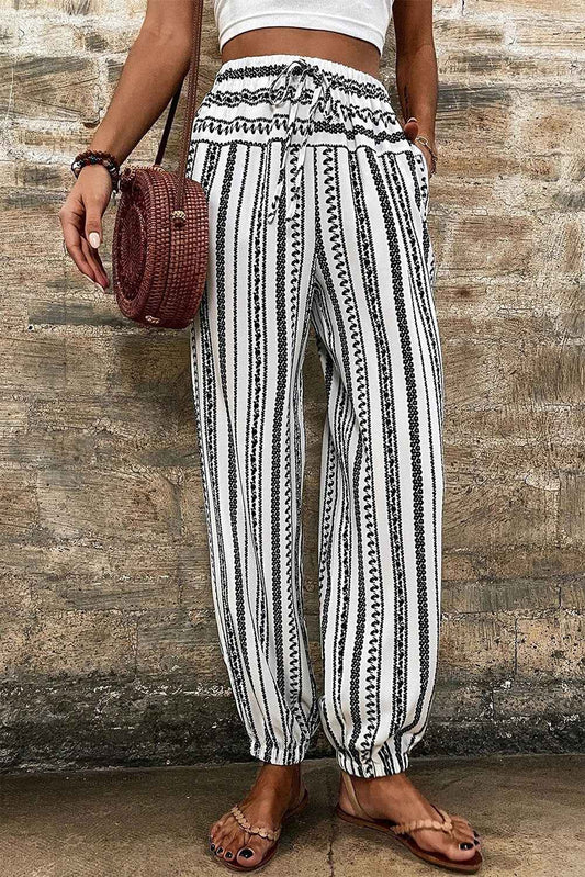 Black Stripe Geometric Print Drawstring Cuff Pants a6d5d492f6a6f43e