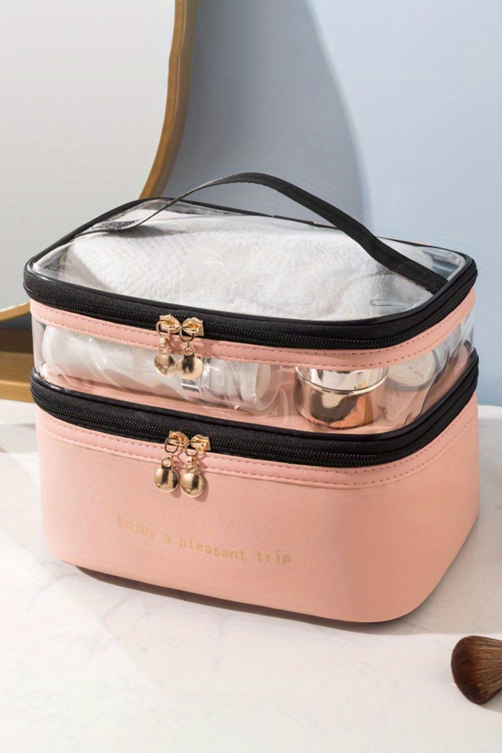 Pink Waterproof PVC Double Layer Cosmetic Bag a6d68e17eeb70cc2