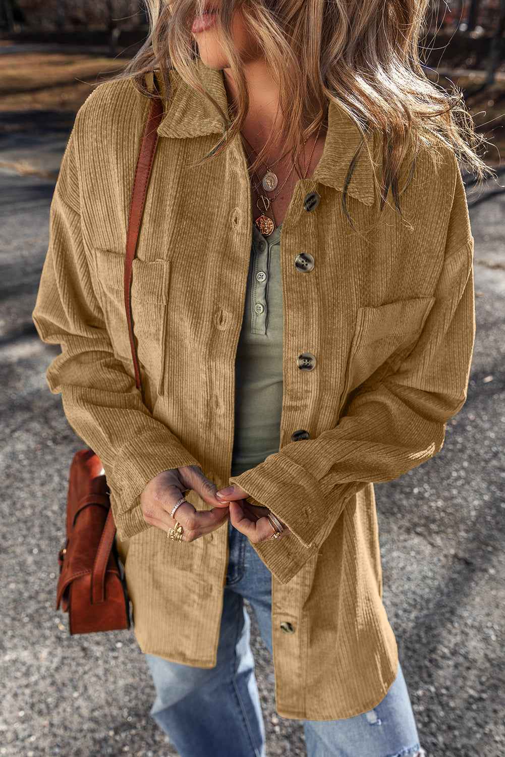 Light French Beige Patched Pocket Button-Up Corduroy Shacket a6d853dc9d46d211