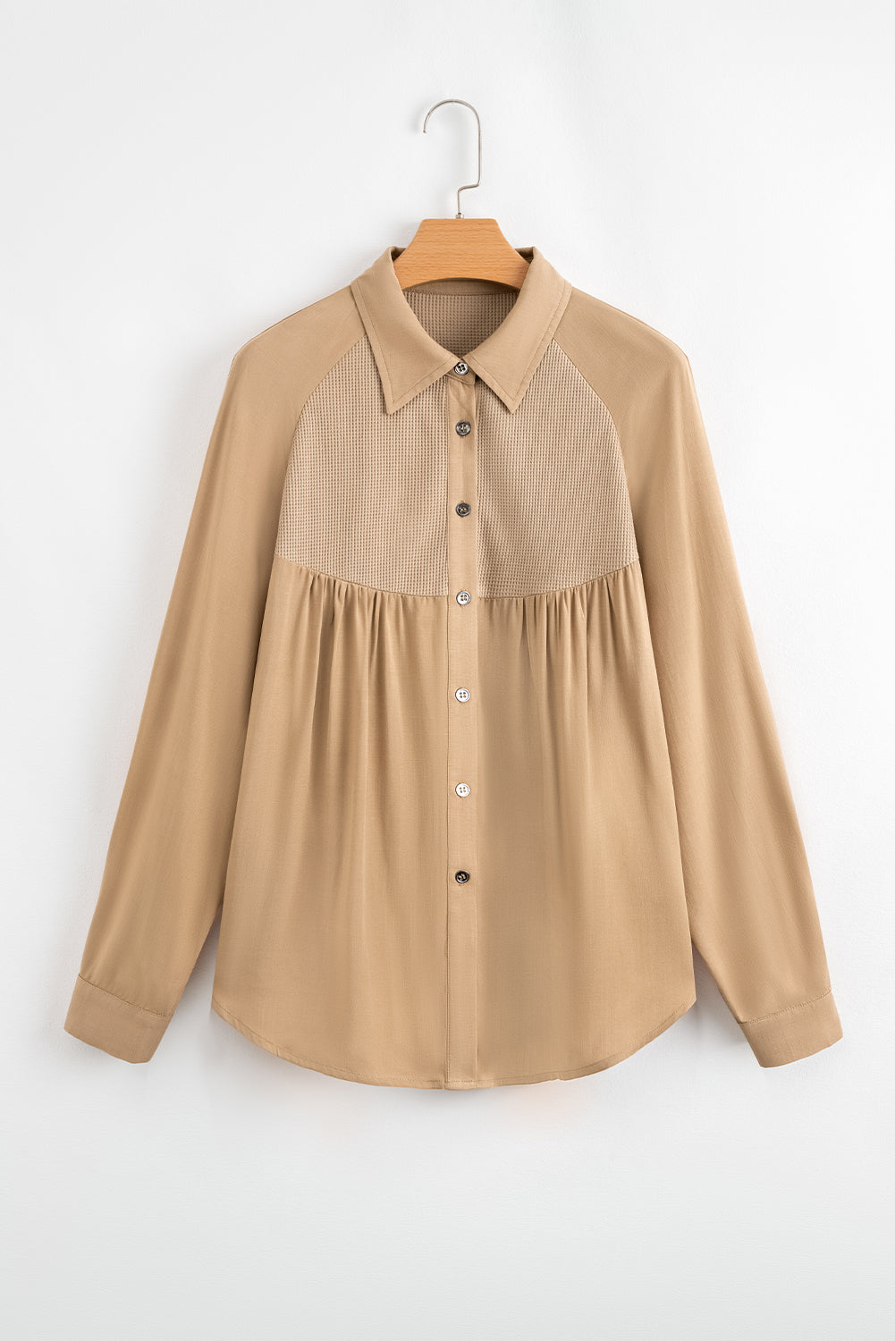 Light French Beige Waffle Patchwork Button Up Frayed Hem Shirt a6e3979924fefe10