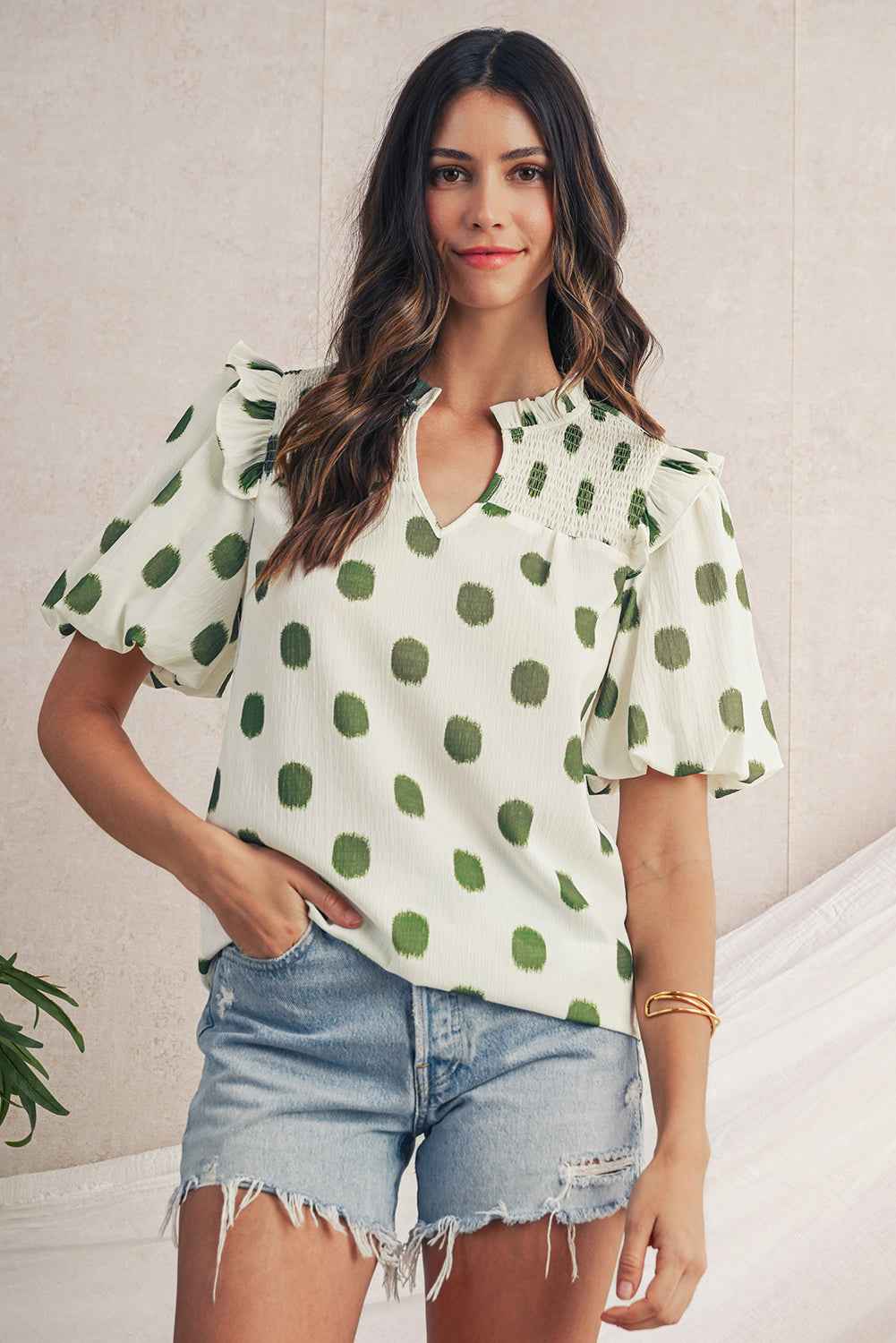 Rose Polka Dot Print Shirred Notched Neck Puff Sleeve Blouse a6e3e20f4bbdc267