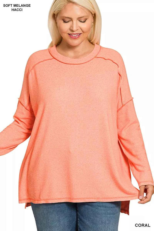 Full Size Melange Hacci Exposed Seam Hi-low Tee Plus Size a6e82bd8-efe2-4599-84e5-13fbae9cf144-Max-Origin