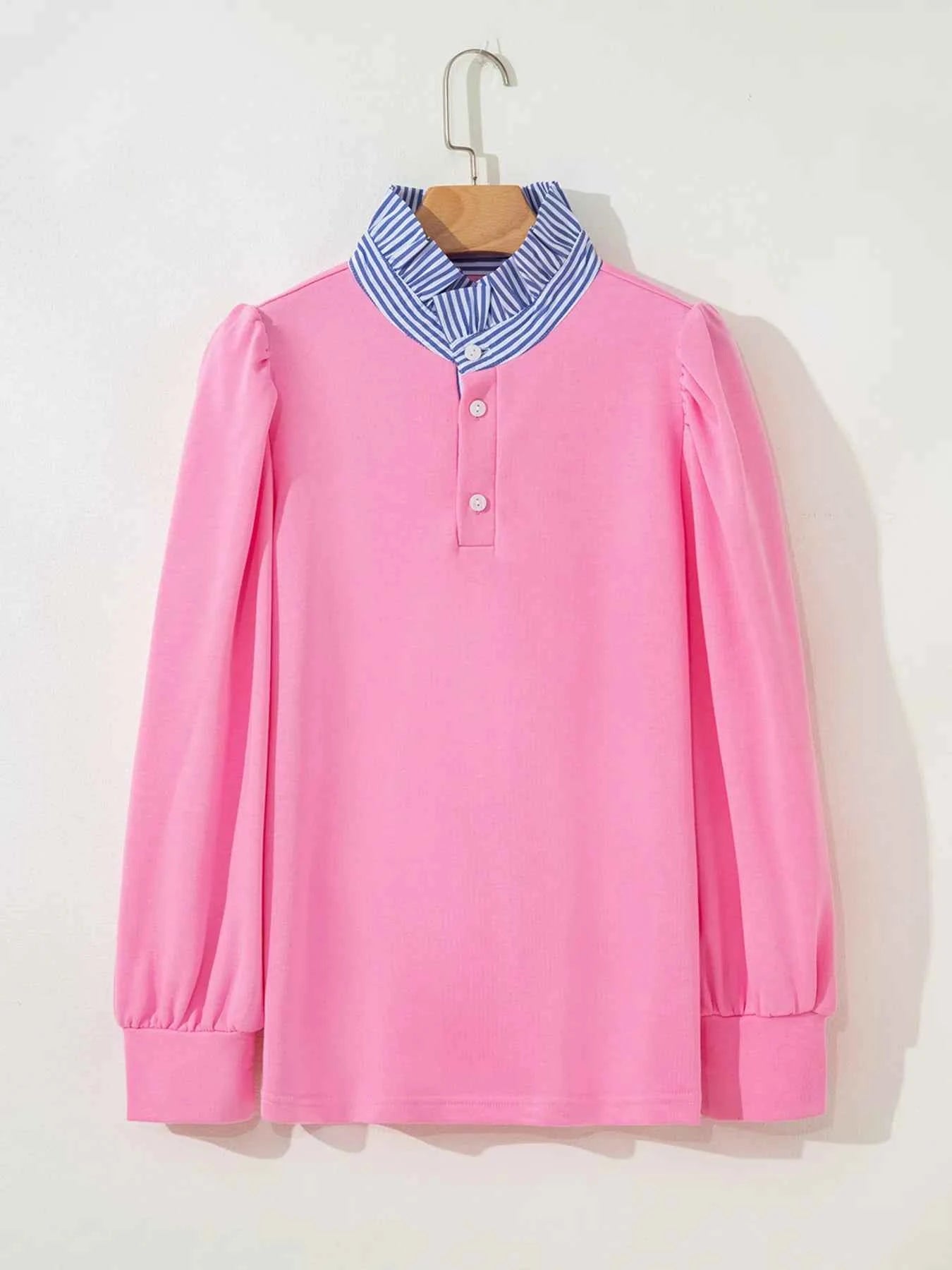 Striped Collar Patchwork Puff Sleeve Sweatshirt a6e844d4f1934a66ba1e6c97b4e8fba6-Max-Origin