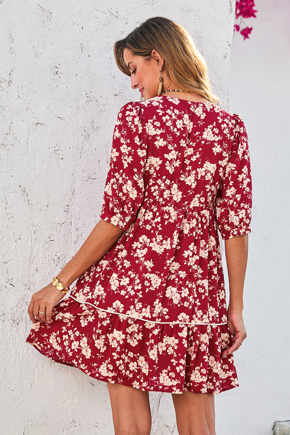 Yellow Floral Print Contrast Trim Button Tie Neck Swing Dress a6e8c25027500500