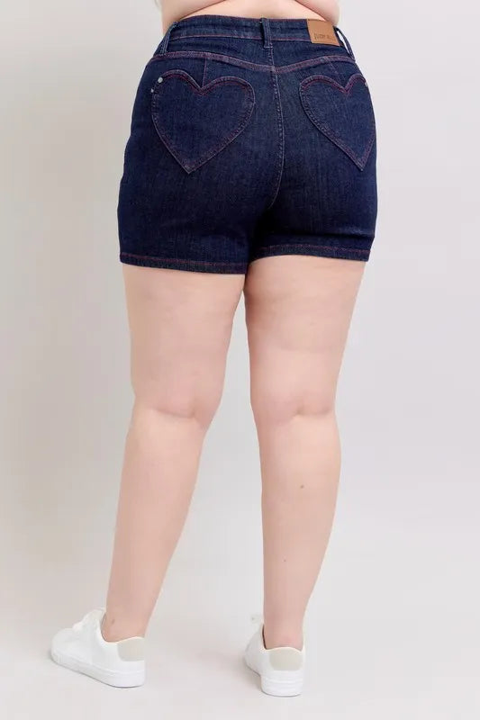 Judy Blue Full Size High Waist Heart Shaped Pkts & Red Contrast Thread Denim Shorts Plus Size a6ed2dc0-feab-4dc0-a9c5-1a9d06b8f058-Max-Origin