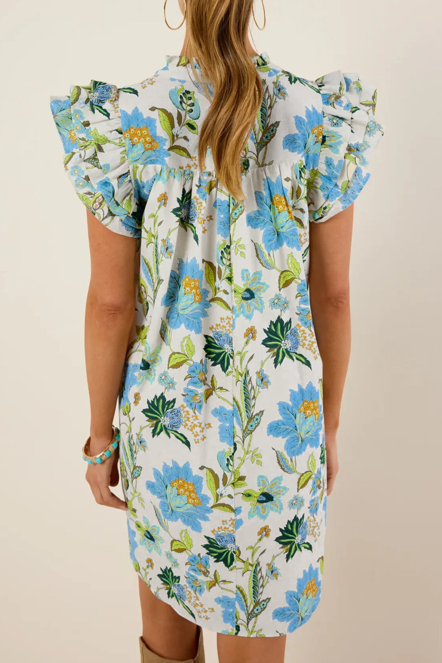 Beige Floral Print V Neck Triple Ruffle Short Sleeve Shift Mini Dress a6f6b4d2e2b0a7d5