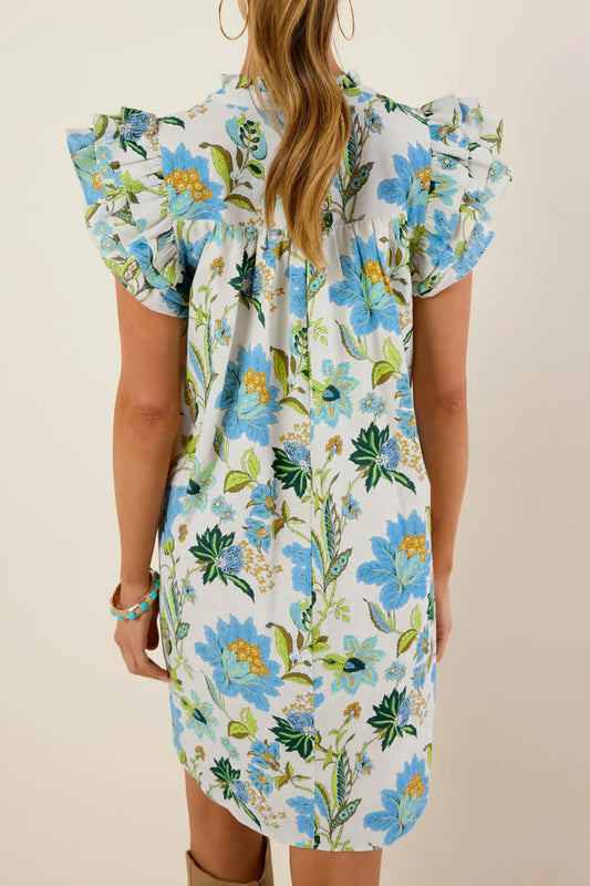 Beige Floral Print V Neck Triple Ruffle Short Sleeve Shift Mini Dress a6f6b4d2e2b0a7d5