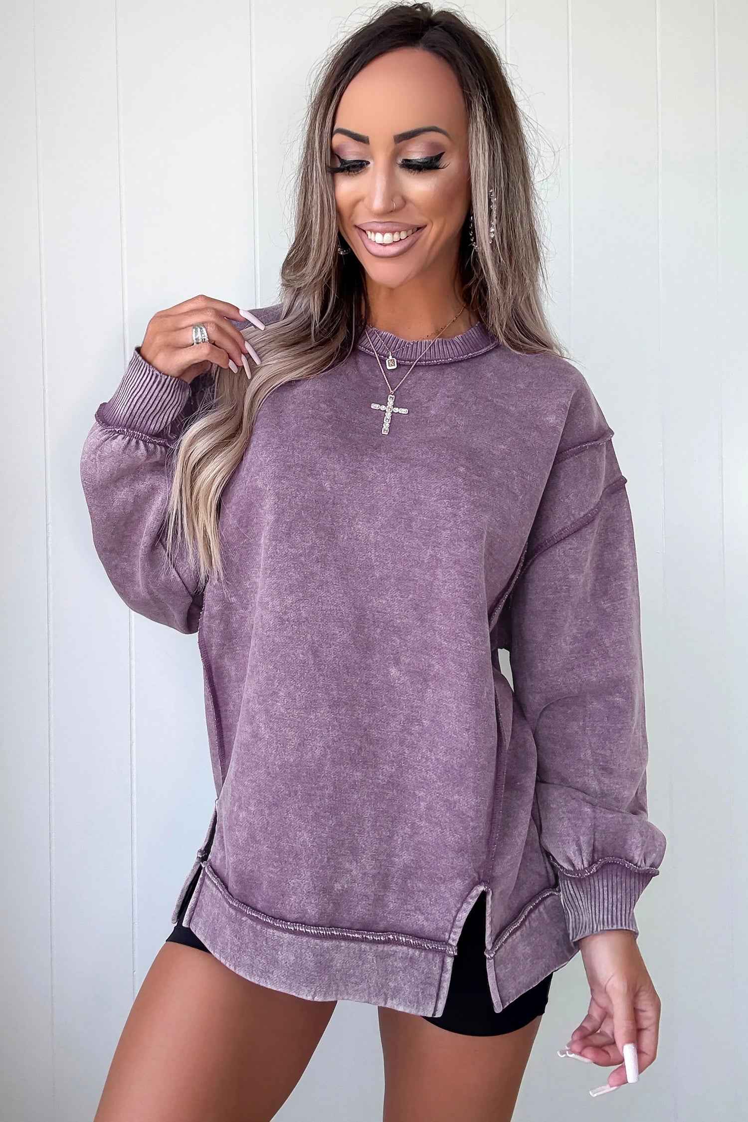 Valerian Mineral Wash Exposed Seam Side Slit Sweatshirt a6ffd269e8c5bcf3