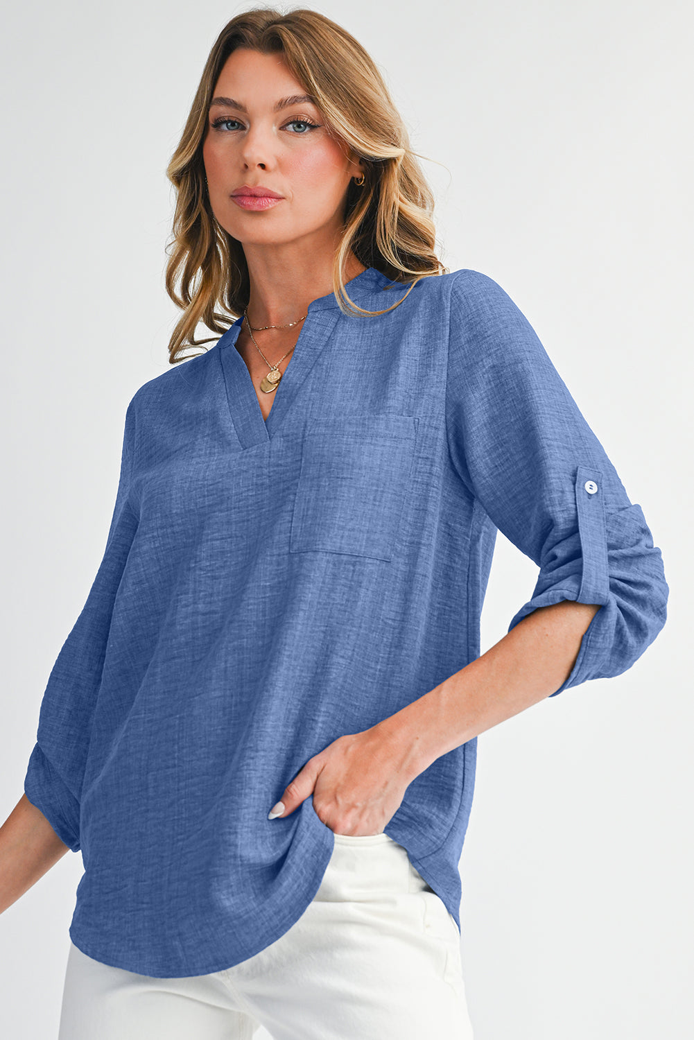 Ashleigh Blue Chest Pocket V Neck Plain Roll-up Sleeve Blouse a700d1664690d7fc
