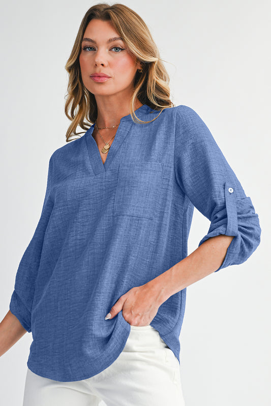 Ashleigh Blue Chest Pocket V Neck Plain Roll-up Sleeve Blouse a700d1664690d7fc