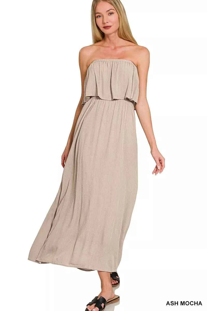 Zenana Woven Crinkle Strapless Maxi Dress ASH MOCHA a7046d81a82f48dd9a8479ca82c90219-Max-Origin