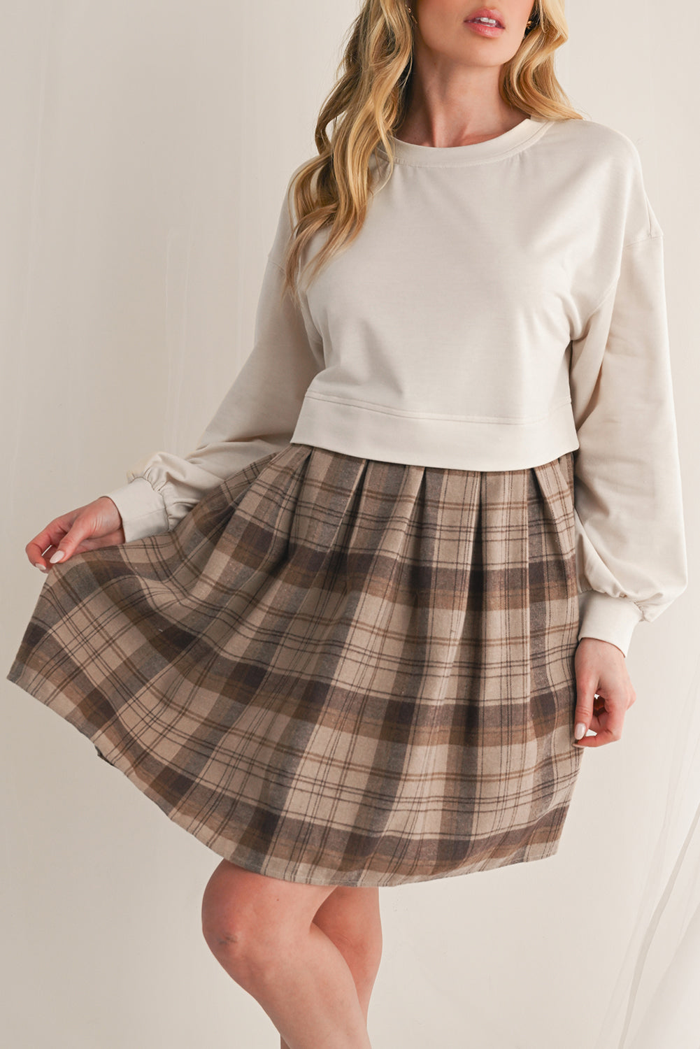 Black Plaid Patchwork High Waist Sweatshirt Mini Dress a705e9f780494994