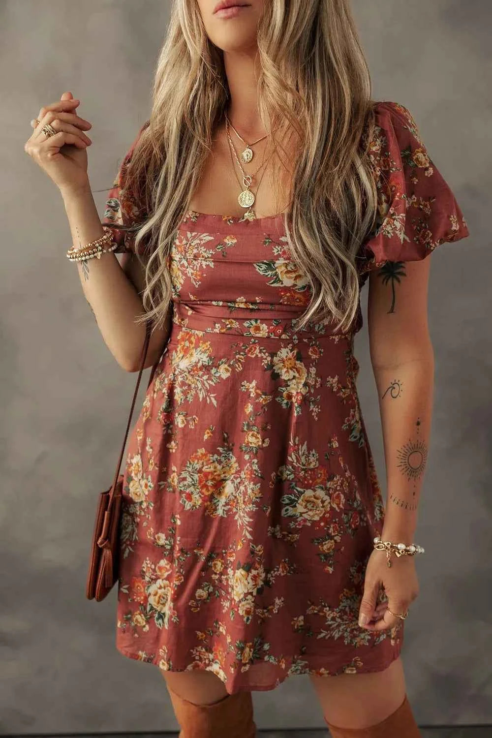 Floral Puff Sleeve Square Neck Knot Open Back Mini Dress Caramel a7127aad-b6e2-4f7b-a83f-a929c2dfac6a-Max-Origin