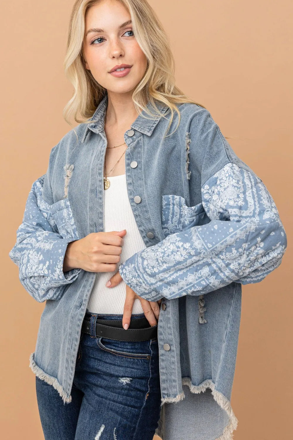 And The Why Full Size Paisley Print Quilted Sleeves Denim Jacket a71369f9-6006-4cc3-86a3-a75d40489d98-Max