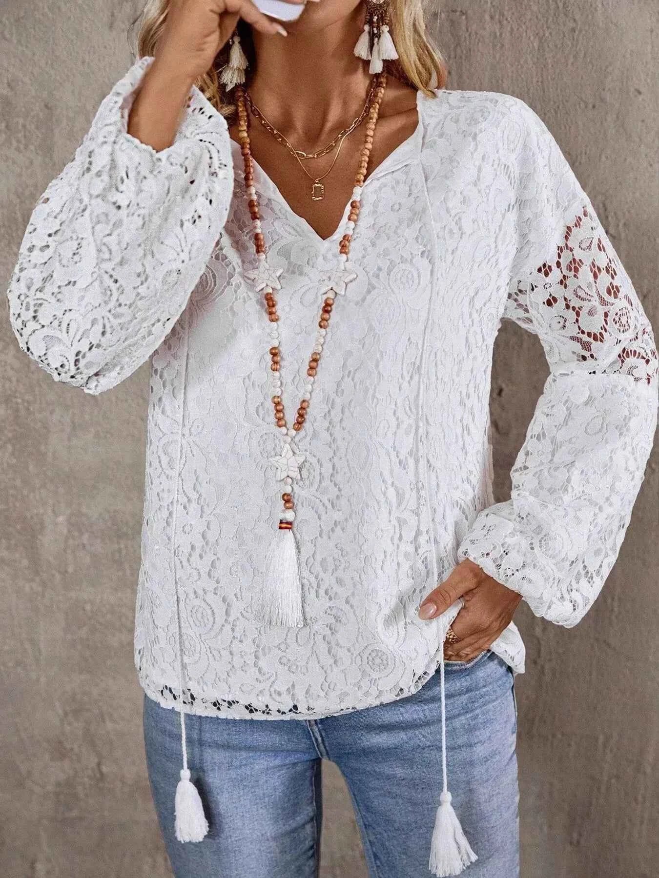Lace Tie Neck Long Sleeve Blouse White a71507bf8016449dacf62935f337ca97-Max-Origin
