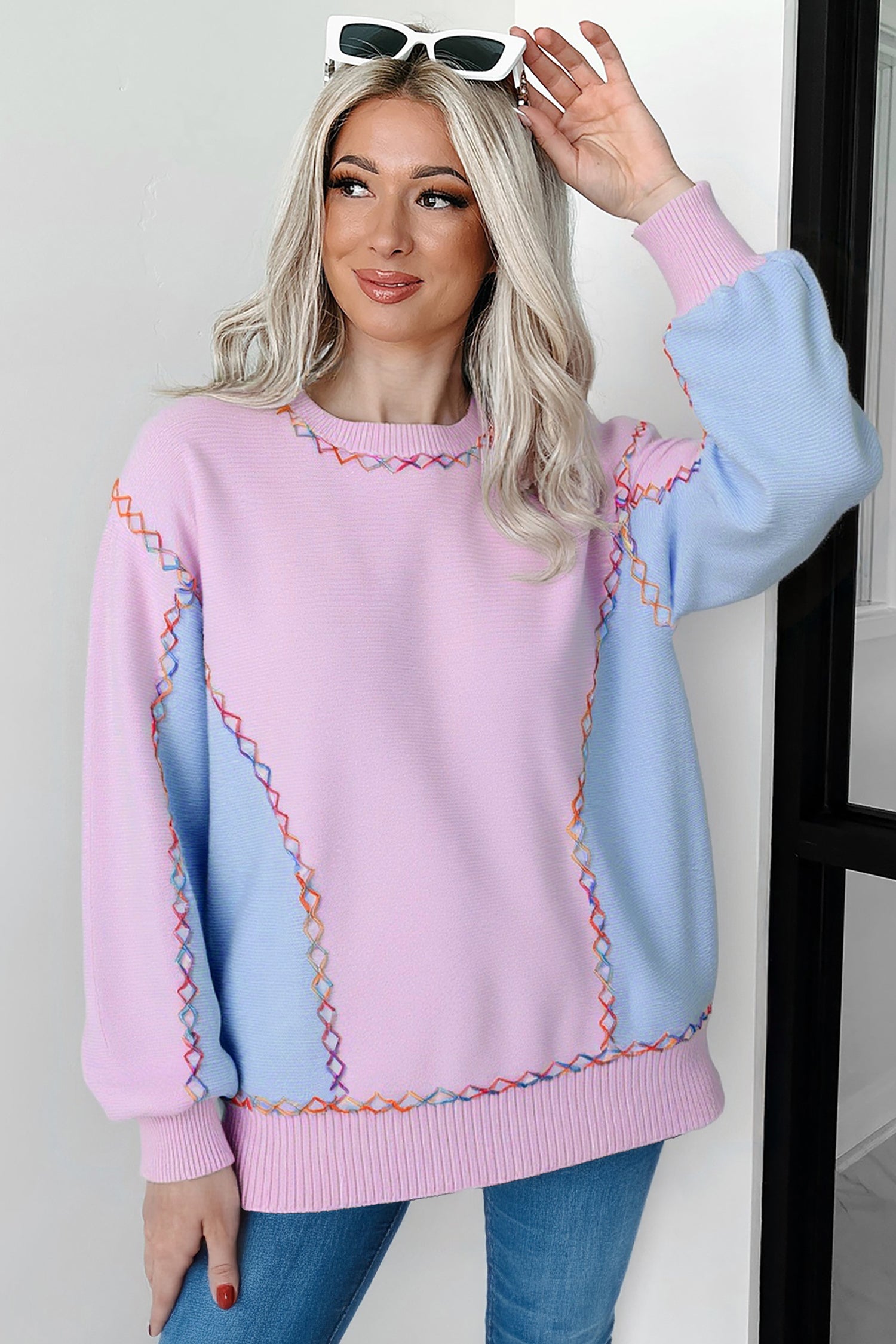 Orchid Bouquet Rainbow Stitching Balloon Sleeve Relaxed Sweater a71507e68d4db770