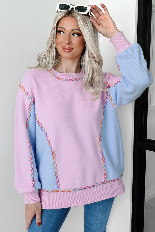 Orchid Bouquet Rainbow Stitching Balloon Sleeve Relaxed Sweater a71507e68d4db770