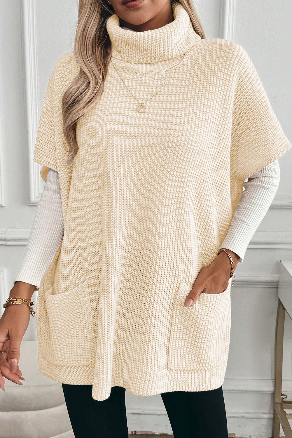 Jet Stream Plain Knit Casual Turtleneck Short Sleeve Tunic Sweater with Pockets a71b9d7ebc8f55ab