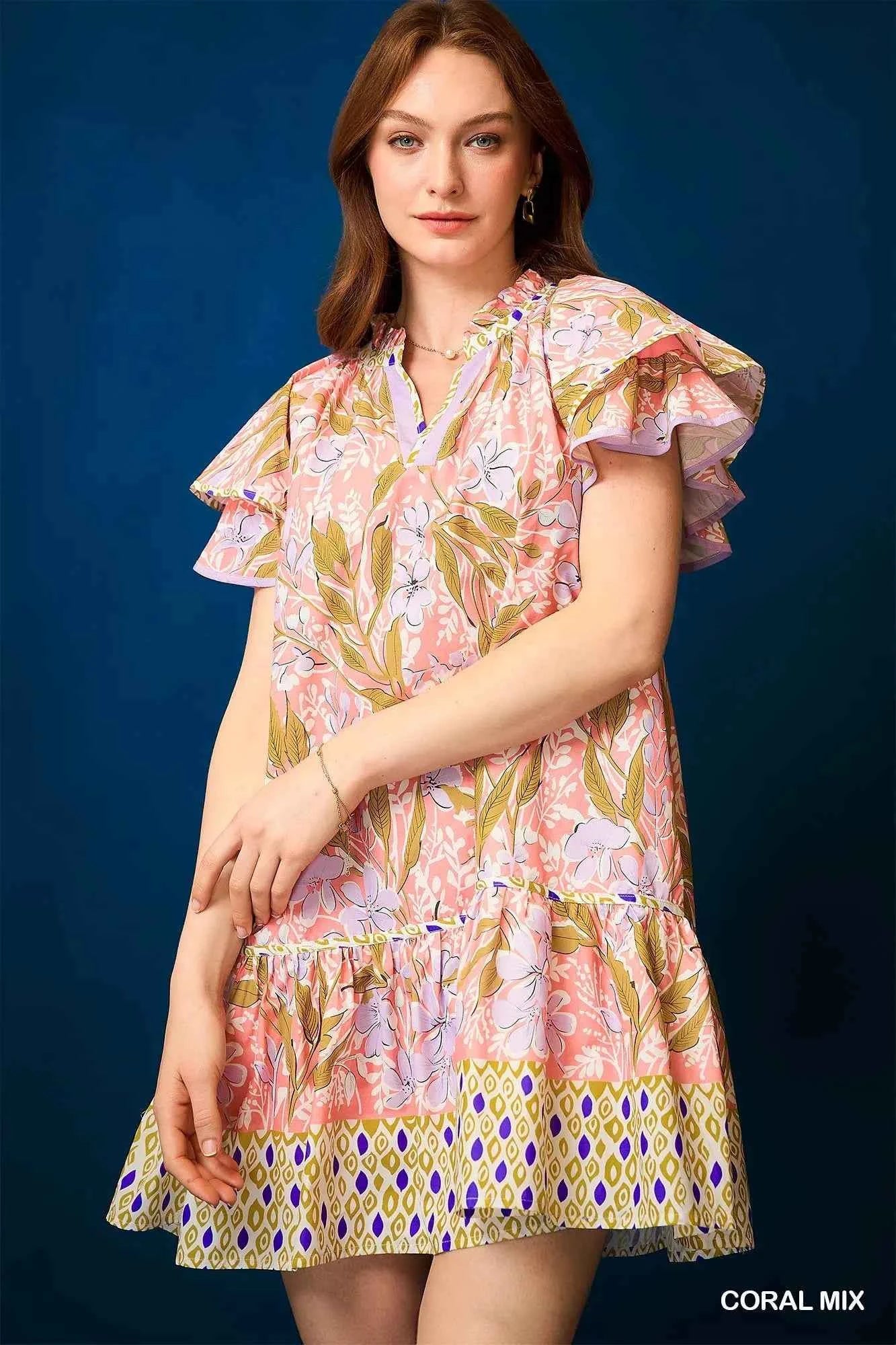 Umgee Floral Ruffle-Sleeve Tunic Dress CORAL MIX a71e55b5-bbfc-4653-af1f-6fe65cc864e3-Max-Origin