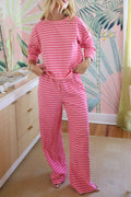 Rose Stripe Drop Shoulder Round Neck Top and Buttoned Straight Pants Two Piece Set Rose Stripe 95%Cotton+5%Elastane a7229eb95799e9b3