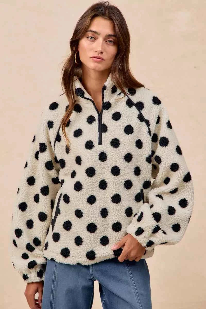 Polka Dot Sherpa Half Zip Up Top with Side Pocket a72686fd-1701-4e3c-94fb-b2363cf69575-Max-Origin