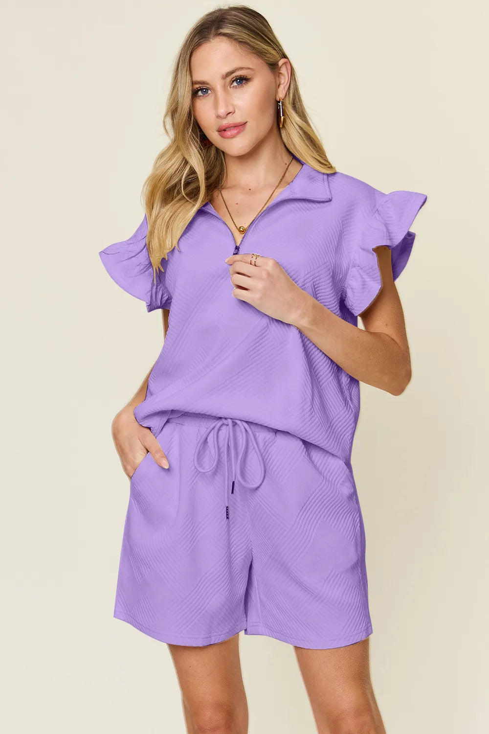Double Take Full Size Texture Flounce Sleeve Top and Drawstring Shorts Set Lavender a728859f-a263-4391-9782-4fe1cf3260f4-Max