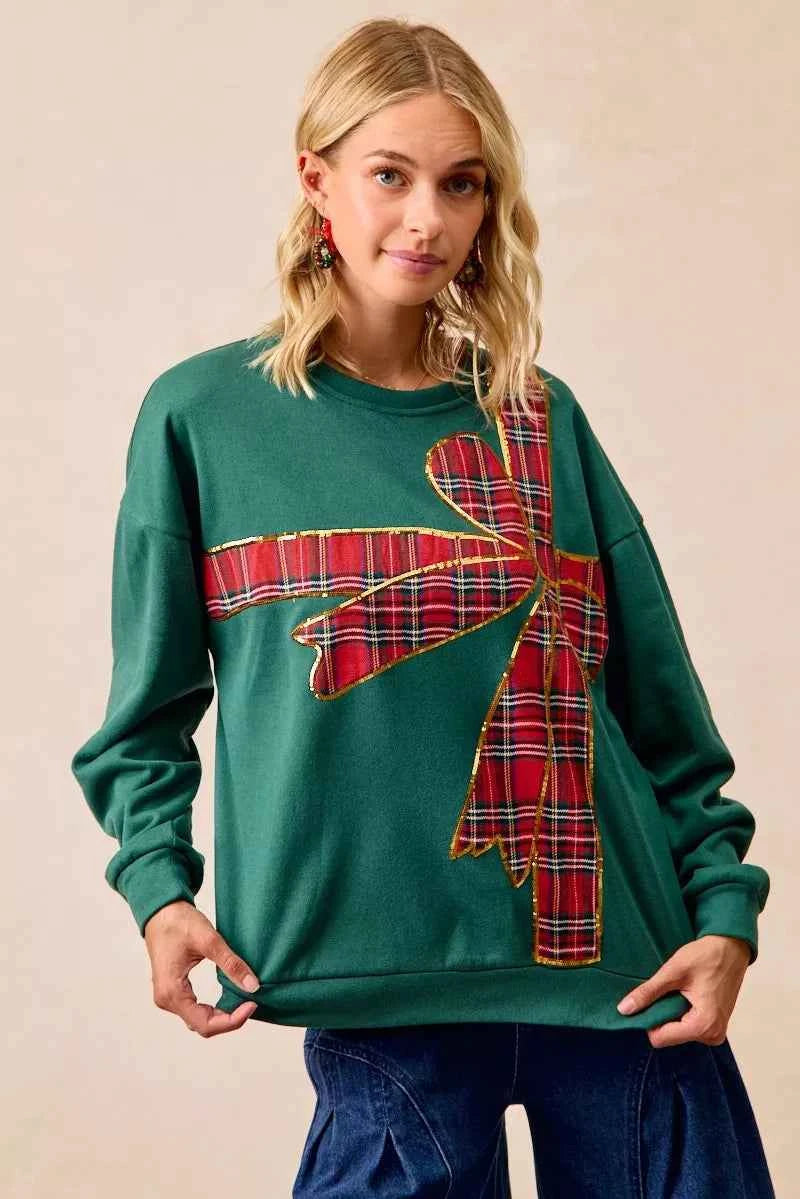 Plaid Ribbon Bow Detail Christmas Fleece Pullover a72a2dbe21a740588390dfee2861b520-Max-Origin